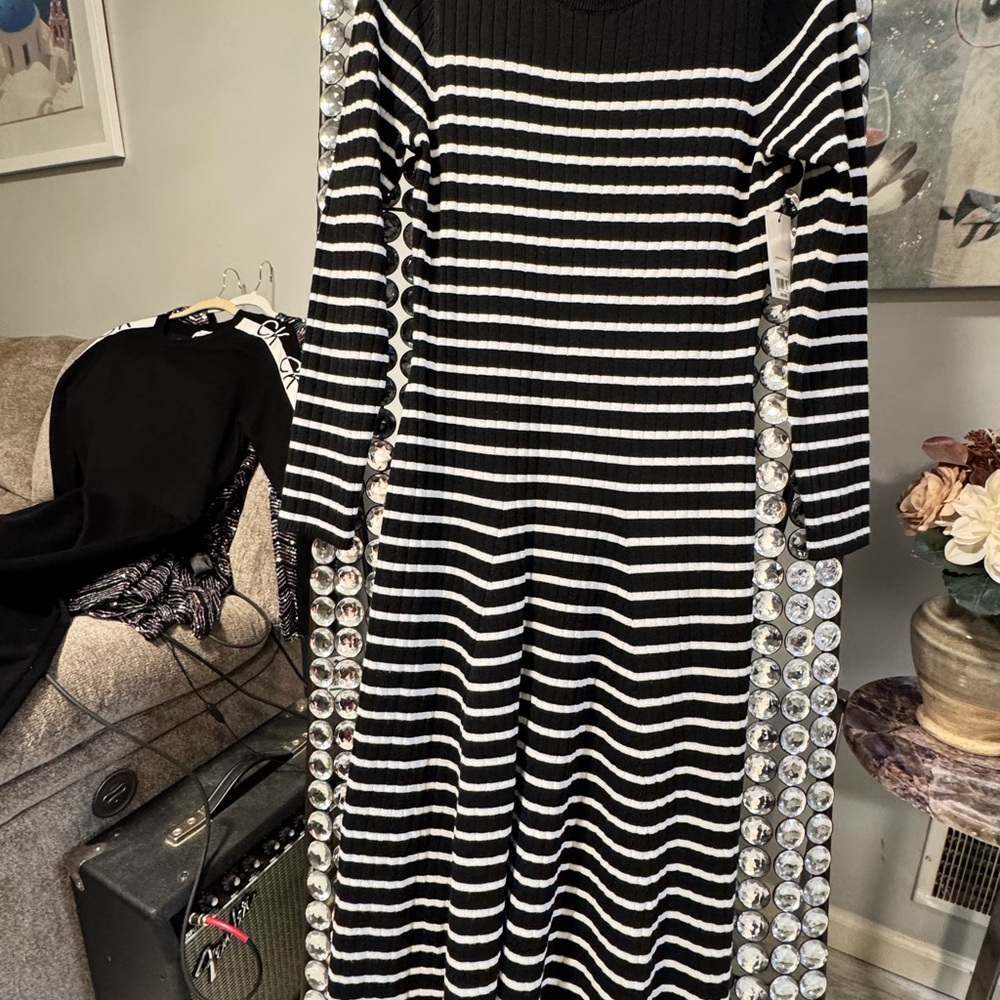 Nine West Black and White Striped Long Sleeve Dress